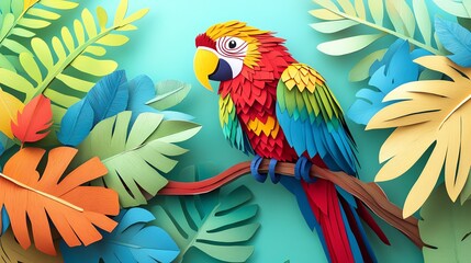 Obraz premium Layered paper cut parrot with bright feathers in reds, greens, and blues, perched on a colorful branch, paper cut parrot, colorful wildlife craft