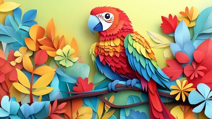Layered paper cut parrot with bright feathers in reds, greens, and blues, perched on a colorful branch, paper cut parrot, colorful wildlife craft