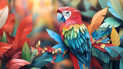 Obraz premium Layered paper cut parrot with bright feathers in reds, greens, and blues, perched on a colorful branch, paper cut parrot, colorful wildlife craft