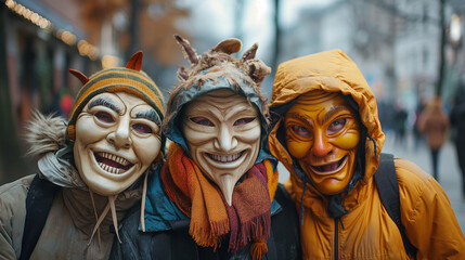 Joyful participants with animalistic masks at German carnival.
