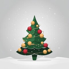 Flat design vector illustration of a festive green Christmas tree decorated with red and gold ornaments on a snowy winter holiday background.