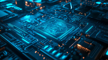 Obraz premium Precise high-tech machine etches intricate design onto metal surface, emitting bright blue light, within a modern. Metal Engraving. Illustration