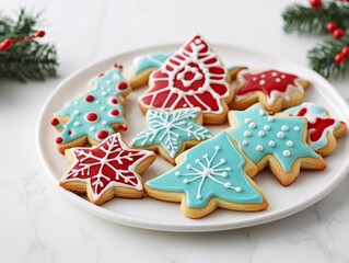 An assortment of beautifully decorated Christmas cookies on a white table with festive icing and decorations, celebrating the holiday spirit