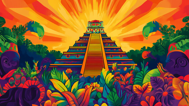 Psychedelic colorful illustration of mountain or pyramid in ancient traditional mexican art style, mayan paintings. mayan pyramid. illustration. Psychedelic Art. Illustration
