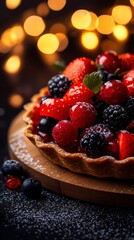 Delicious berry tart with powdered sugar and festive lights in background