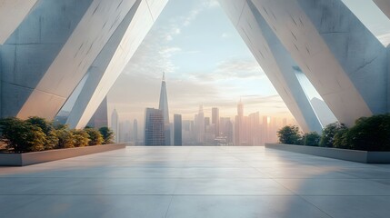 Panoramic view of futuristic geometric shapes design empty floor with morden city skyline . Morning scene. 