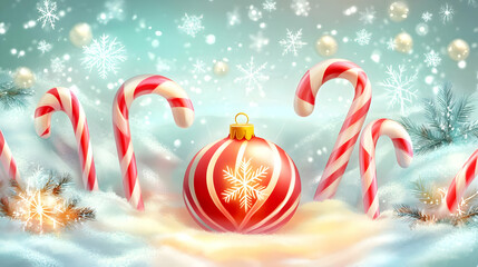 A festive scene featuring candy canes, a red ornament, and snowflakes, evoking holiday cheer.