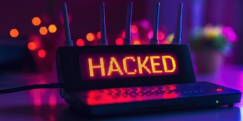 wireless router with "HACKED" on screen 
