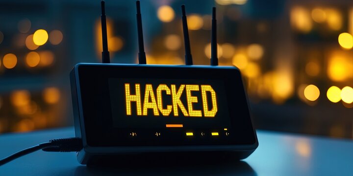 wireless router with "HACKED" on screen 