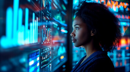 Diverse professionals working on complex database interfaces in a modern office with real-time data analysis and performance metrics.