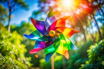 A vivid pinwheel spins in a dynamic double exposure, capturing vibrant sunlight and playful wind effects that evoke a sense of joy and movement.