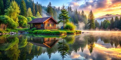 Fototapeta premium A whimsical cabin nestled in a tranquil watery landscape, surrounded by lush greenery and vibrant colors, creating a dreamlike, HDR fantasy scene