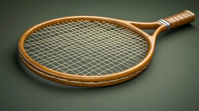 A vintage wooden tennis racket with a leather grip