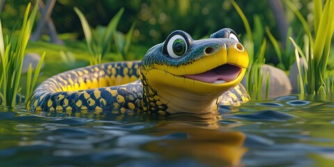 Playful 3D anaconda cartoon gliding through the water,