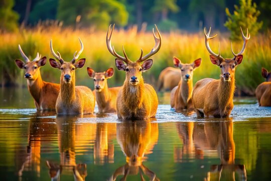 Barasingha deer gracefully wade through the serene waters of Kanha National Park, showcasing their majestic beauty in