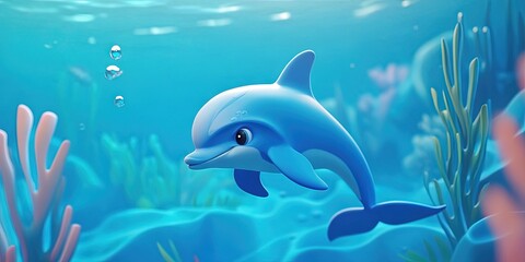 Playful 3D dolphin cartoon gliding through the water, 