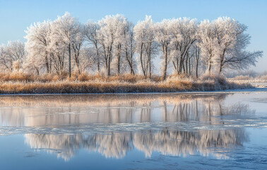 Fototapeta premium Beautiful scenery of rime with snow on the lake in winter