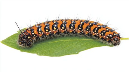 Fototapeta premium A caterpillar with unique patterns sits atop a green leaf, displayed on a white transparent background for PNG use.