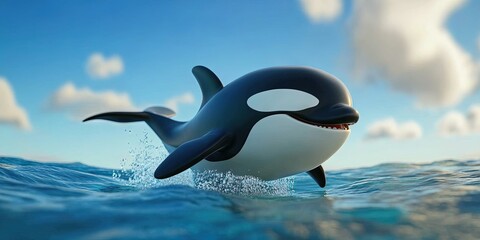 Playful 3D orca cartoon gliding through the water, 