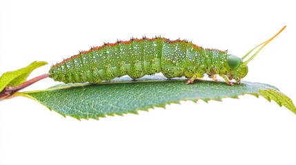 Naklejka premium A green caterpillar perched on the tip of a leaf, isolated on a clean white background for PNG transparency.