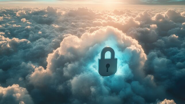Digital cloud with a floating cybersecurity lock symbol representing data protection and online security measures