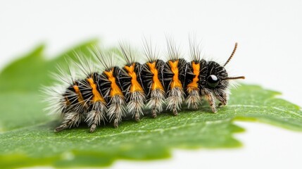 A plump caterpillar sits on a green leaf, ready to munch, isolated on a white transparent background for PNG use.