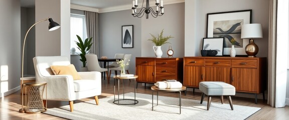 Modern living room with frotte armchair, commode, and side table. Dining room in the background. AI generate.