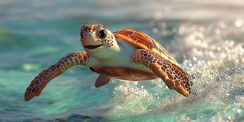 Obraz premium Playful 3D sea turtle cartoon gliding through the water, 