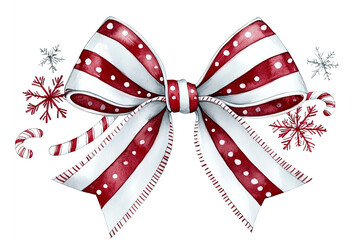 Festive red and white striped bow with polka dots on a white isolated background.