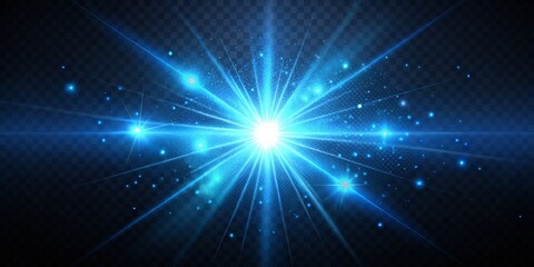 Blue Flare Light Effect with Lens Rays and Spotlight Beams on Transparent Background - Sparkling Star Burst Glow