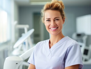A cheerful female dentist is happily smiling for the camera while standing in a wellequipped dental office filled with various tools