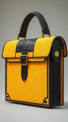 A yellow handbag with a black strap and buckle