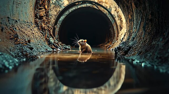 A rat sits in the depths of a dimly lit city sewer in the heart of the city
