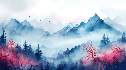 Stunning watercolor mountains and trees. nature landscape in artistic style. Watercolor Landscape. Illustration