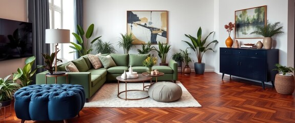 Modern living room with green sofa, plants, abstract painting, and brown parquet. AI generate.