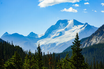 Mount Athabasca covered with snow in summer, seen from the Icefields Parkway between Banff and Jasper in Alberta, Canada