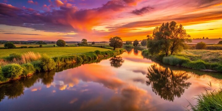 Breathtaking sunset panorama of River Nene near Warmington, Northants, featuring a beautiful bokeh effect that enhances the serene beauty of the