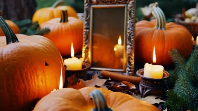 A cozy autumn mockup with pumpkins, candles, and an empty frame bathed in soft light, perfect for seasonal greetings or decor.