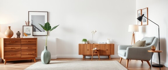 Scandinavian living room with armchair, carpet, leaf in vase, and table lamp. AI generate.