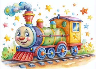 Bright watercolor train illustration perfect for children's birthday parties and invitations. Capture the joy of childhood with vibrant colors and