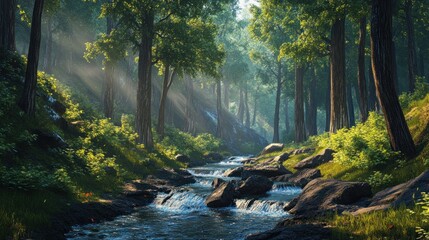 Obraz premium Sunbeams illuminating a forest stream flowing through mossy rocks