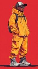 A stylish man in a yellow hooded jacket and matching pants wearing sunglasses and a cap