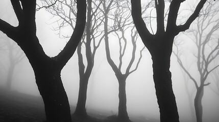 Silhouettes of Trees in Foggy Forest