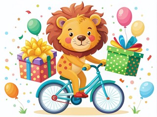 Fototapeta premium Celebrate a birthday with a charming cartoon lion riding a bike, surrounded by colorful gifts. An adorable vector card design perfect for spreading