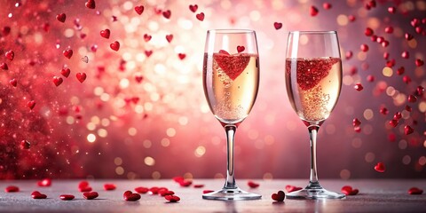 Champagne Glasses with Red Confetti Hearts on Pink Backdrop - Perfect for Celebrations