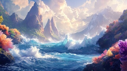 Fototapeta premium Dramatic Ocean Waves Crashing Against Lush Mountain Shores