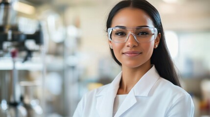 female specialist in a professional setting, wearing a white lab coat and safety glasses,