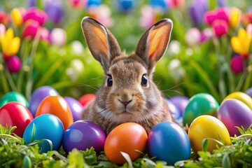 Charming bunny rabbit nestled among vibrant Easter eggs, ideal for spring festivities and cheerful decorations,