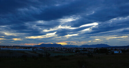 Panoramic overview of Puerto Natales at sunset, Patagonia, Chile, Magallanes and Antartica Chilena...