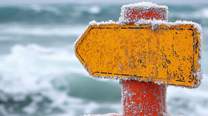 A frosty arrow sign, covered in ice and snow, pointing left by a cold and turbulent sea, symbolizing direction in harsh winter conditions